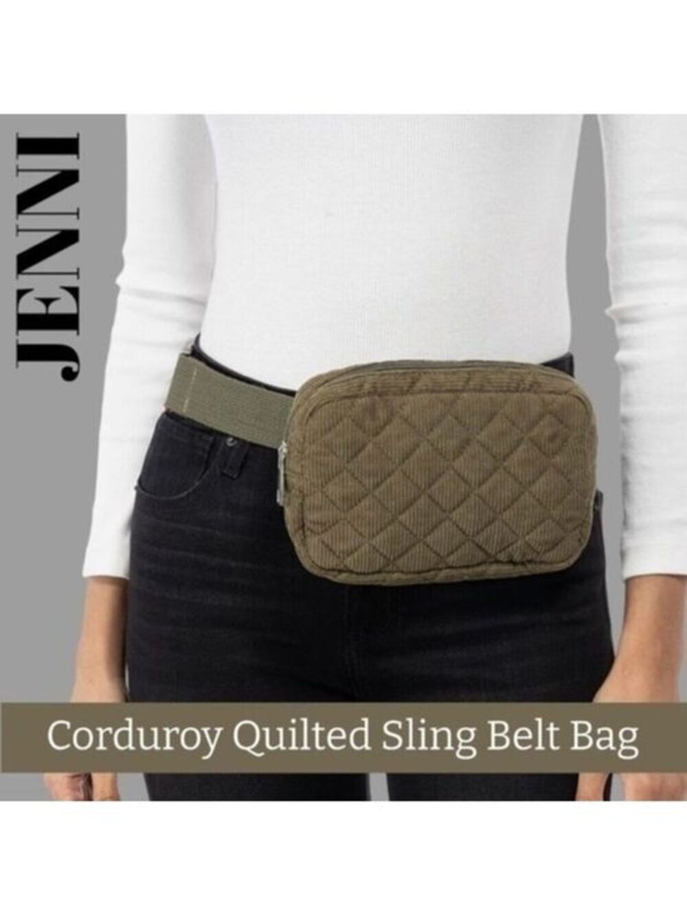 JENNI Quilted Corduroy Top Zip Sling Bag BeltBag/Belt Bag Olive Green-Size S/M